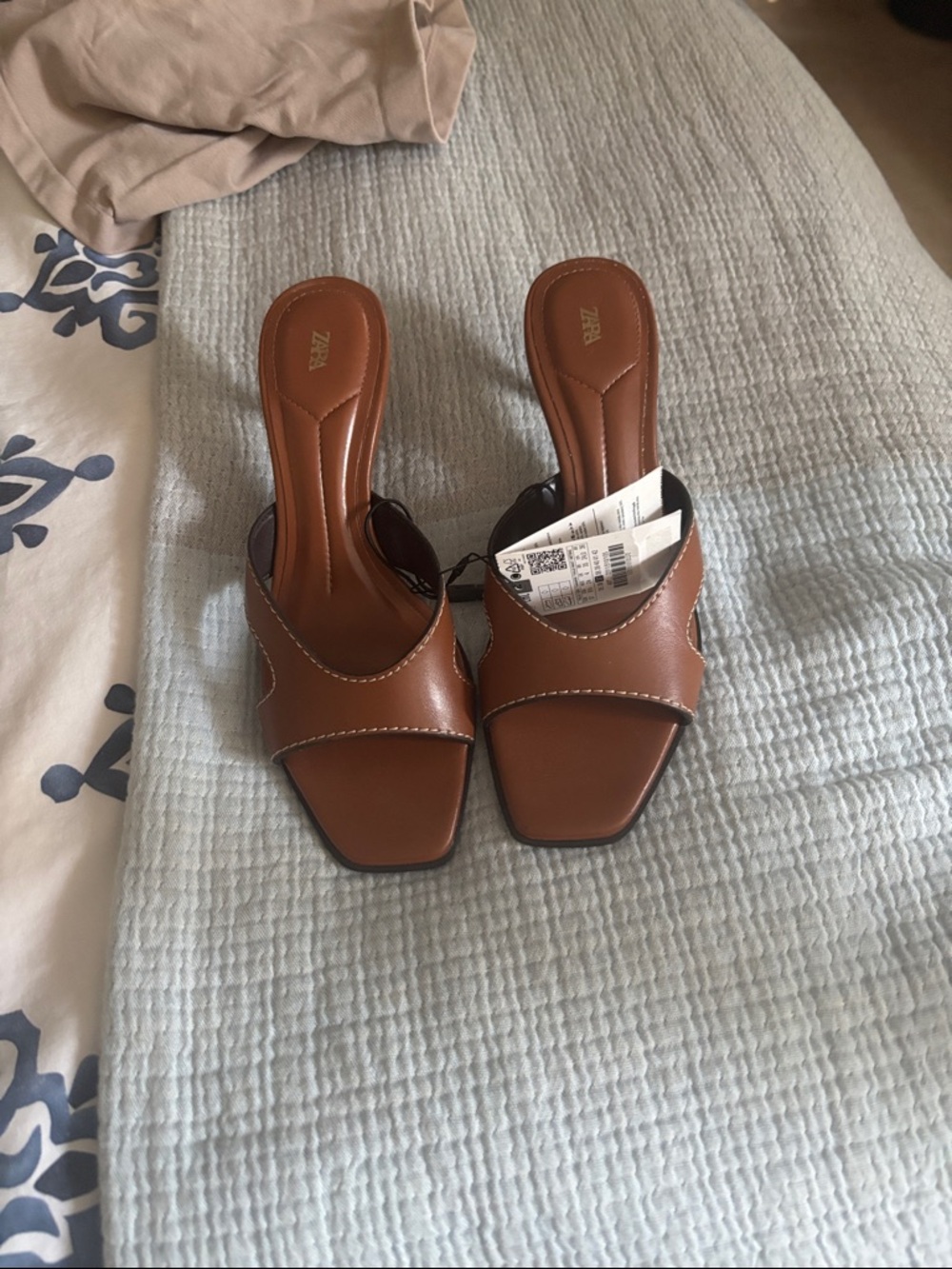 Zara Tan Brown Leather Slide Mules